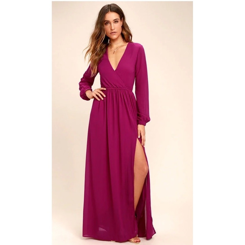 Lulu's Wonderous Water Lilies Magenta Pink Long Sleeve Maxi Dress Sz L